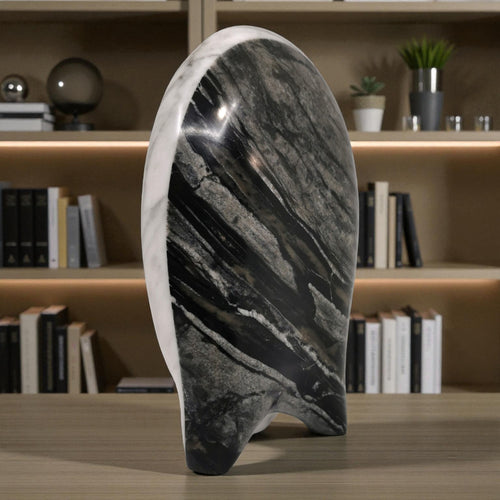 Shadow flow hand-carved abstract marble sculpture with flowing form, smooth polished
curves, luxury contemporary art home decor, artisan piece
