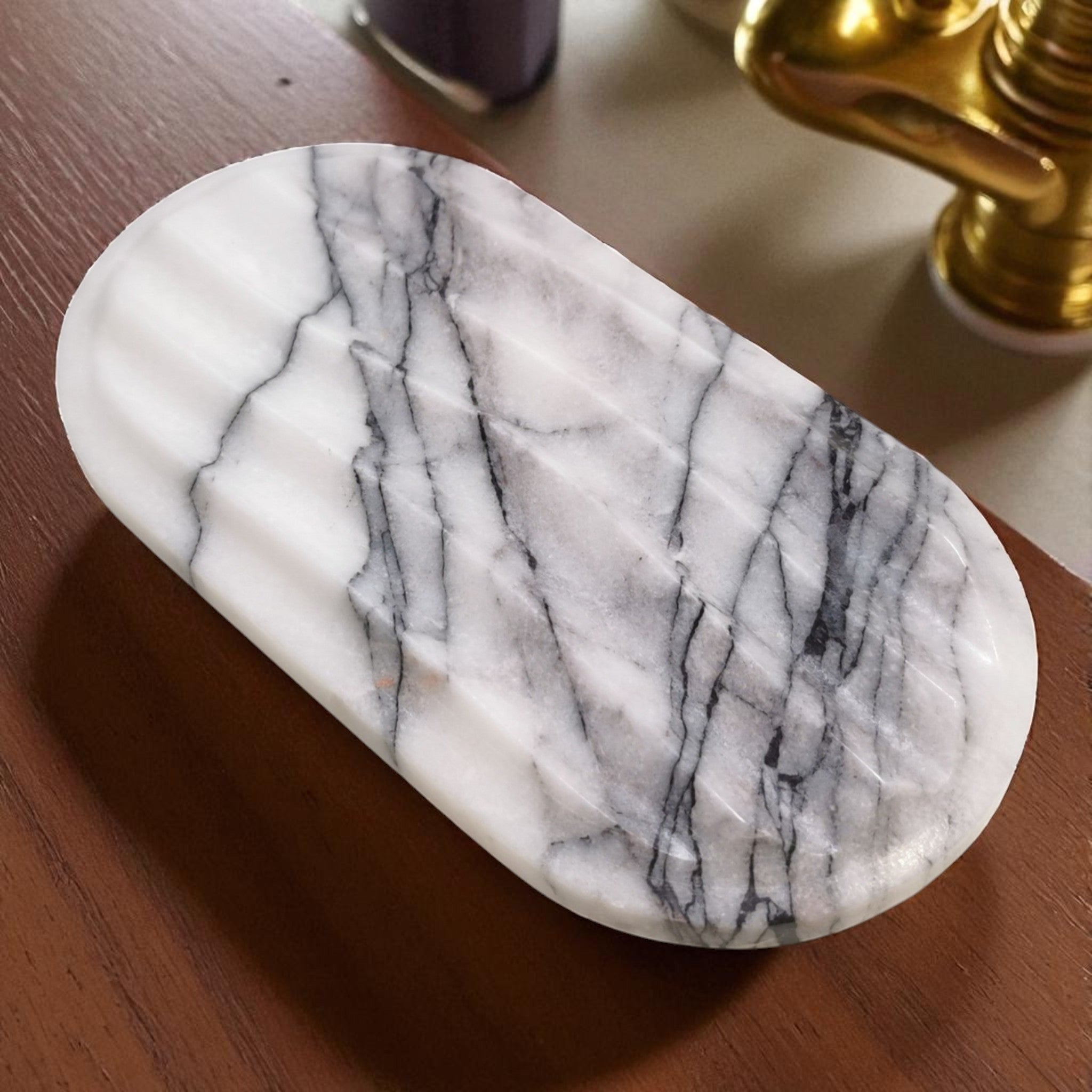 Marble-patterned stone on a wooden surface