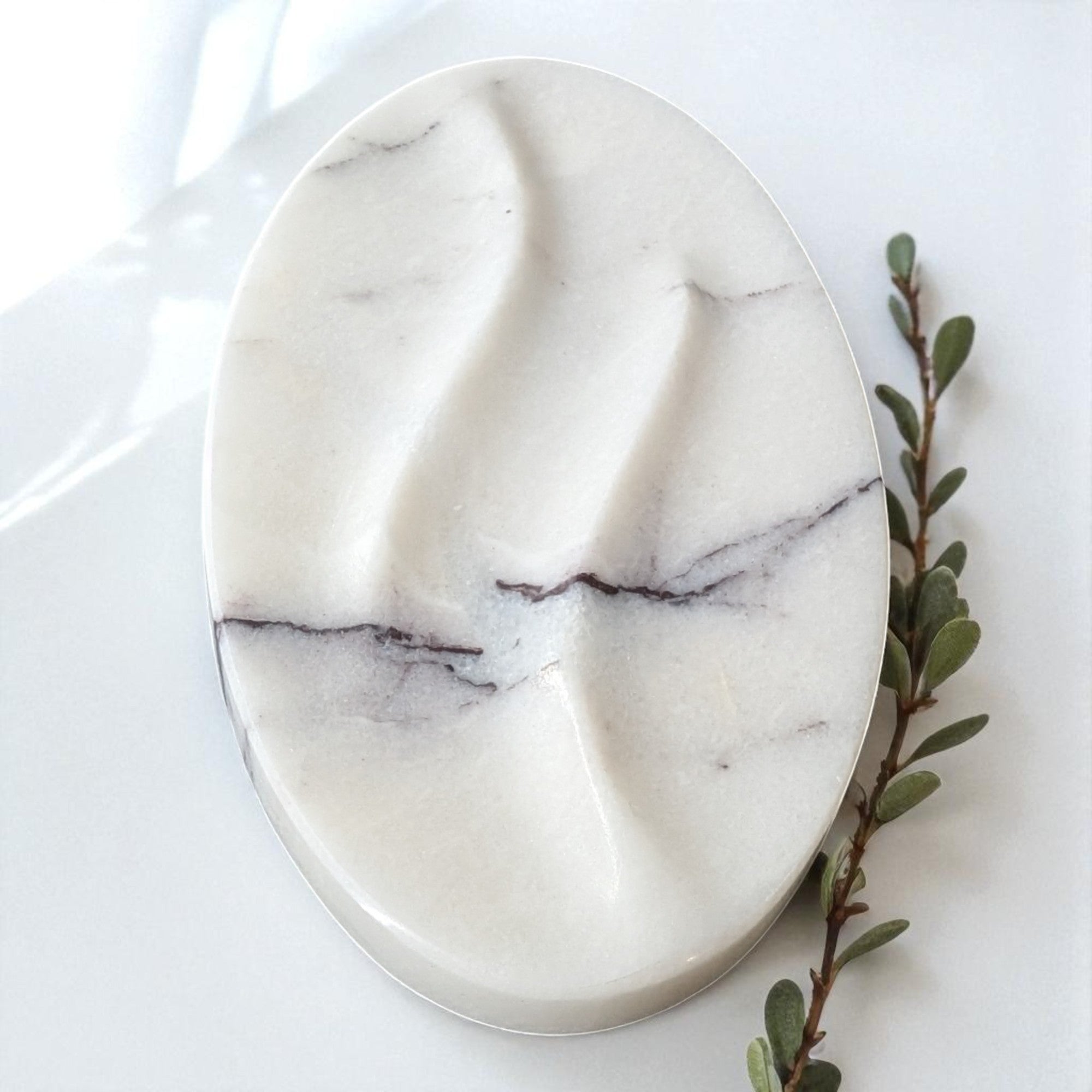 Marble-patterned soap dish on a white surface with a branch of leaves.