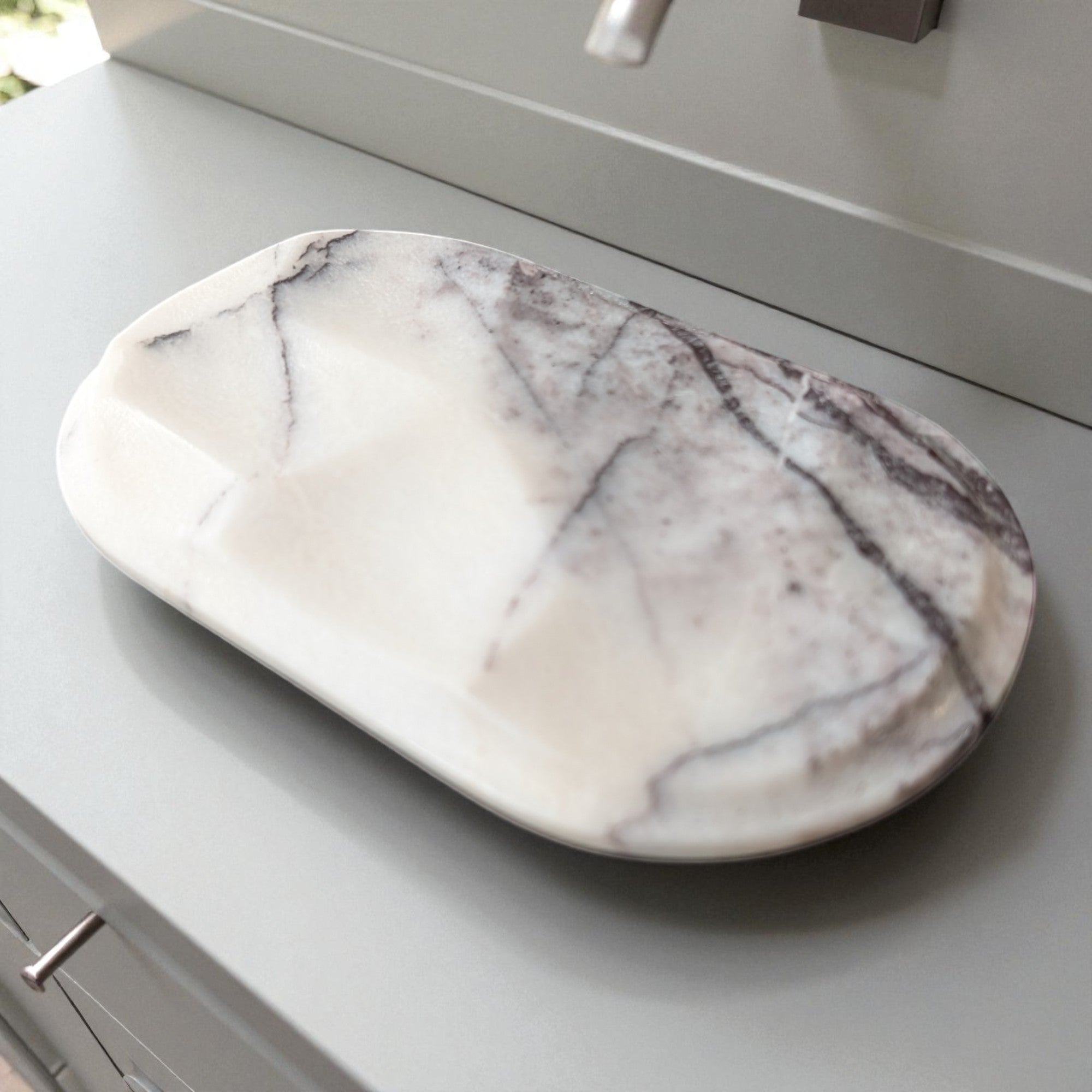 Marble-patterned tray on a kitchen counter