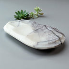 Marble-patterned stone with small succulents on a gray background