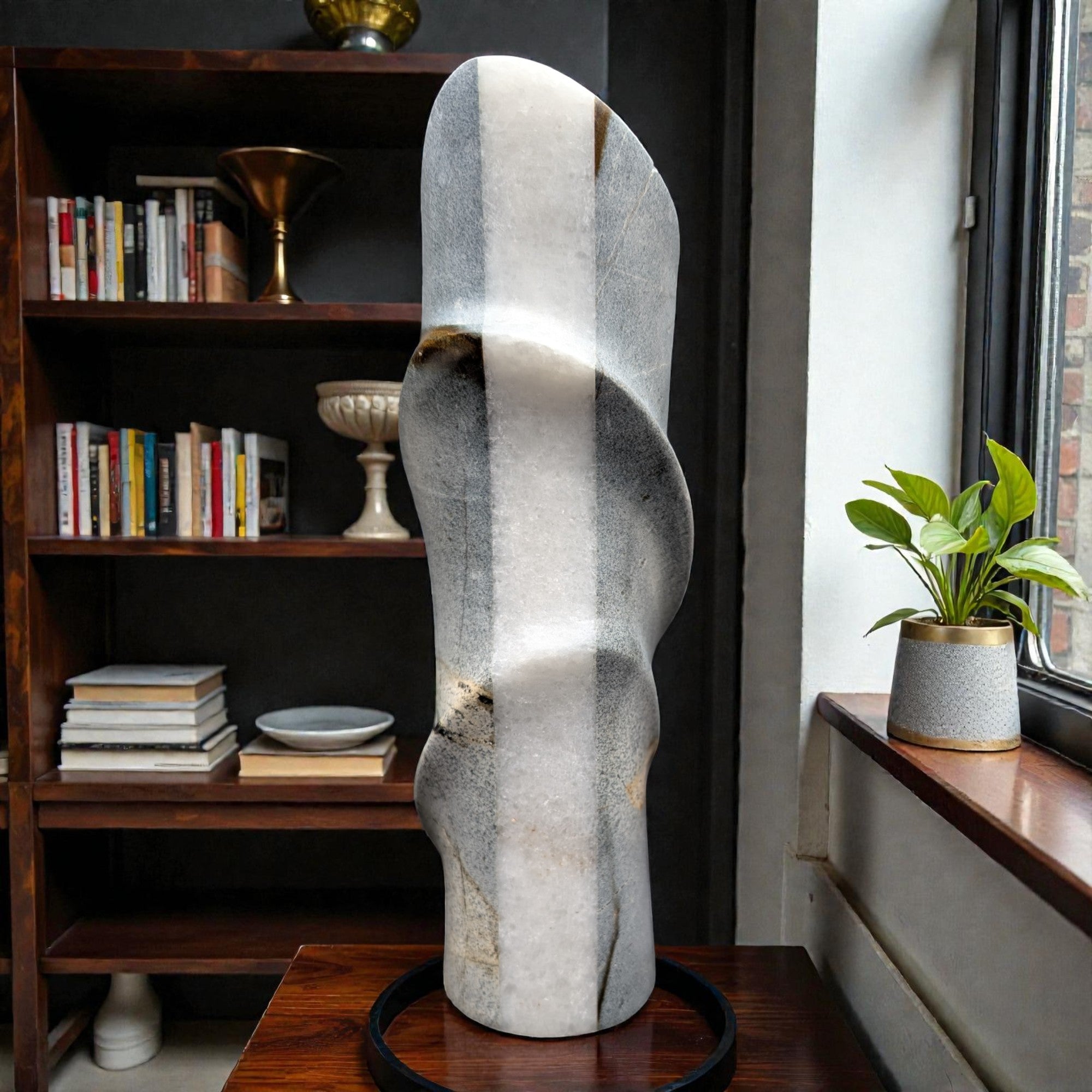 Abstract sculpture on a wooden table with a bookshelf and plant in the background