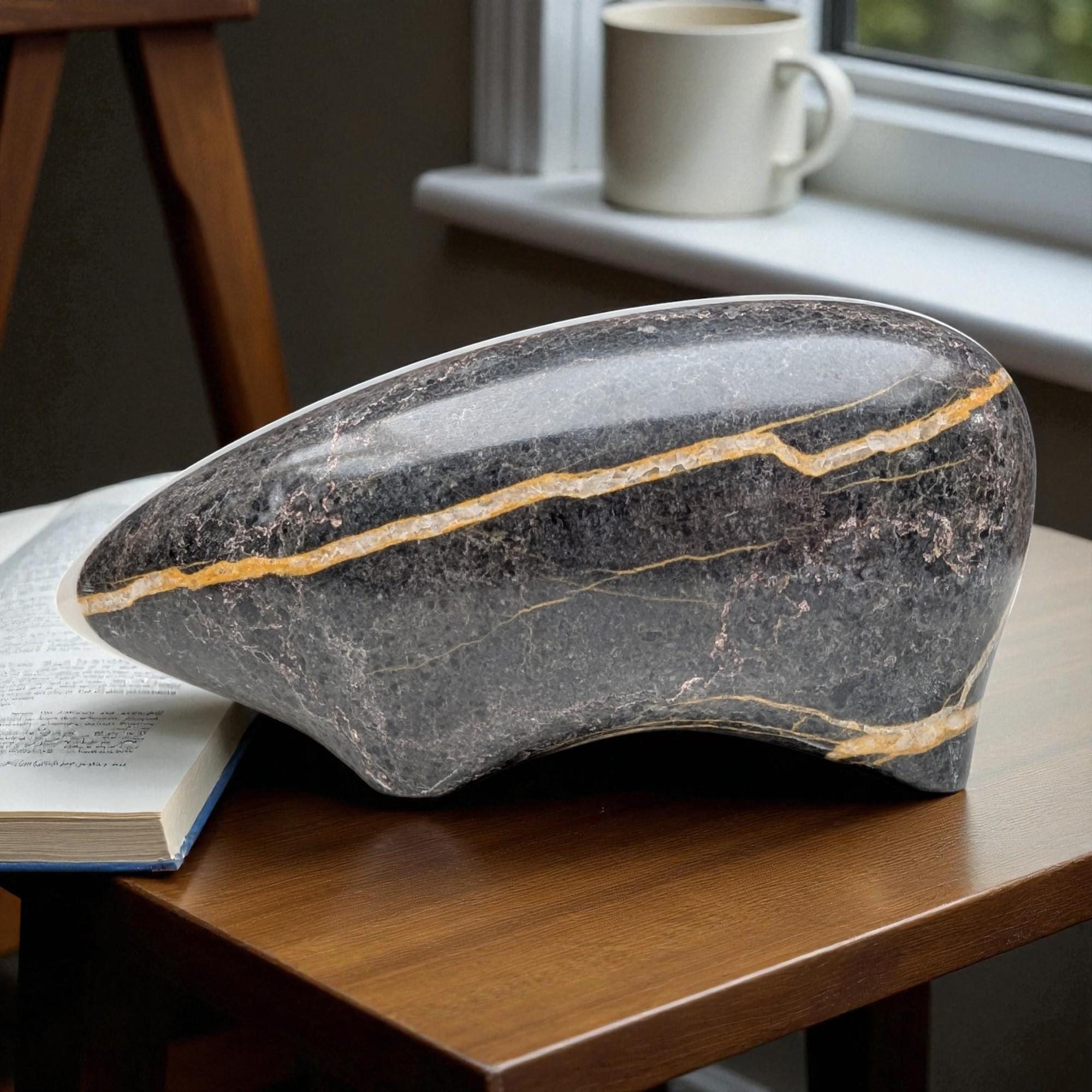 Decorative stone with gold inlay on a wooden surface next to an open book and a mug.